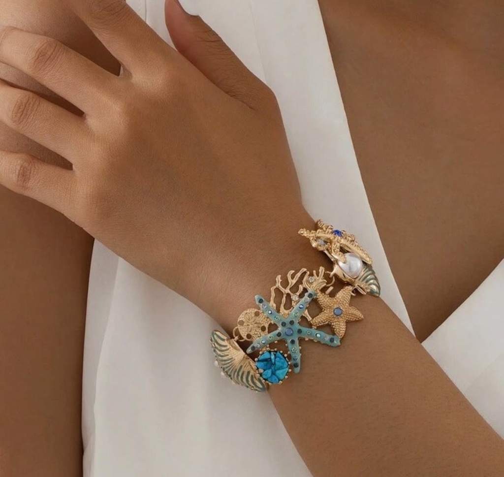Pulseras elementos marinos, dorado con turquesa
