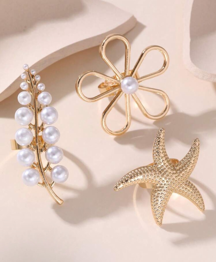 Anillos de perlas dorados flor, trigo, estrella